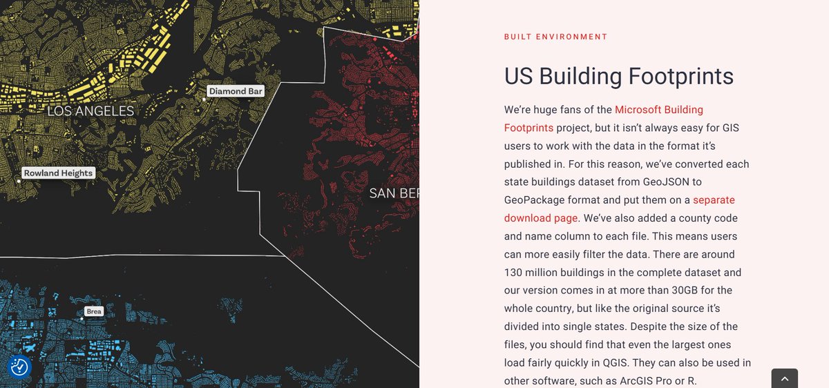 I've had a few direct requests for my version of the Microsoft US building footprint data, which I chunked up state-by-state and added county name and FIPS codes to and put here for anyone to use (gpkg format, loads fast in QGIS, also fine in ArcGIS Pro)

automaticknowledge.co.uk/us-building-fo…