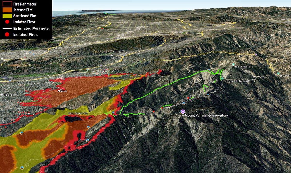 engineco16's tweet photo. #MountWilson same angle as the firecam brush clearance, not good. If all of that infrastructure survives I'll be very surprised. It's burning within this green area now based on the cams, terrain and winds. The last image is looking from the fire cams angle.#EatonFire https://t.co/HOzwNtRav7