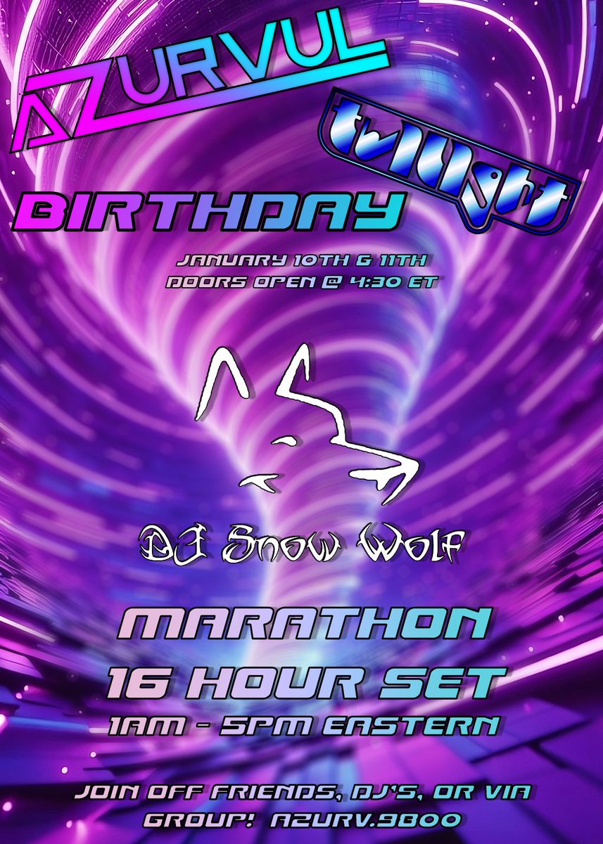 Hey beans!  I have one more surprise for our extravaganza this weekend.  Our very own DJ Snow Wolf will be performing a marathon 16 hour set making our festival one big 34 hour adventure! Marathon starts at 1am and goes to 5pm eastern on day two