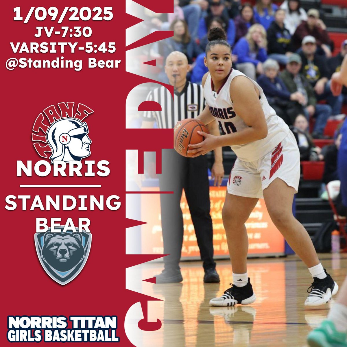 NorrisTitanGBB's tweet photo. Titan Nation, want to be a part of history?  Come attend the inaugural Standing Bear vs Norris game! 🔵🔴 Make the short trip!!
🏀 EMC Game Day #10
🆚 Standing Bear 🐻
🏟️ Standing Bear HS
⏰ V 5:45pm/JV 7:30pm
��� Hudl Fan $$
#DBWHSH @NebPreps @NEScoreFeed #1FAM @CeGarner4 https://t.co/xGR7Np8G8e