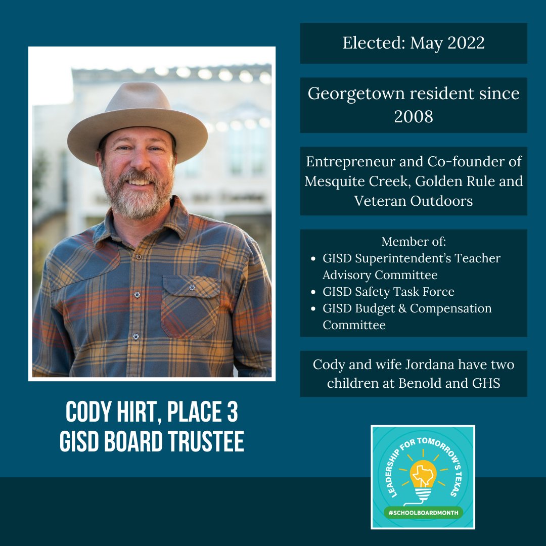 GeorgetownISD's tweet image. Meet #GISDBoard Trustee Cody Hirt. A local entrepreneur and long-time Georgetown resident, his expertise is impactful in building a bridge between GISD and the community. 
Thank you for all that you do, Cody! #SchoolBoardMonth