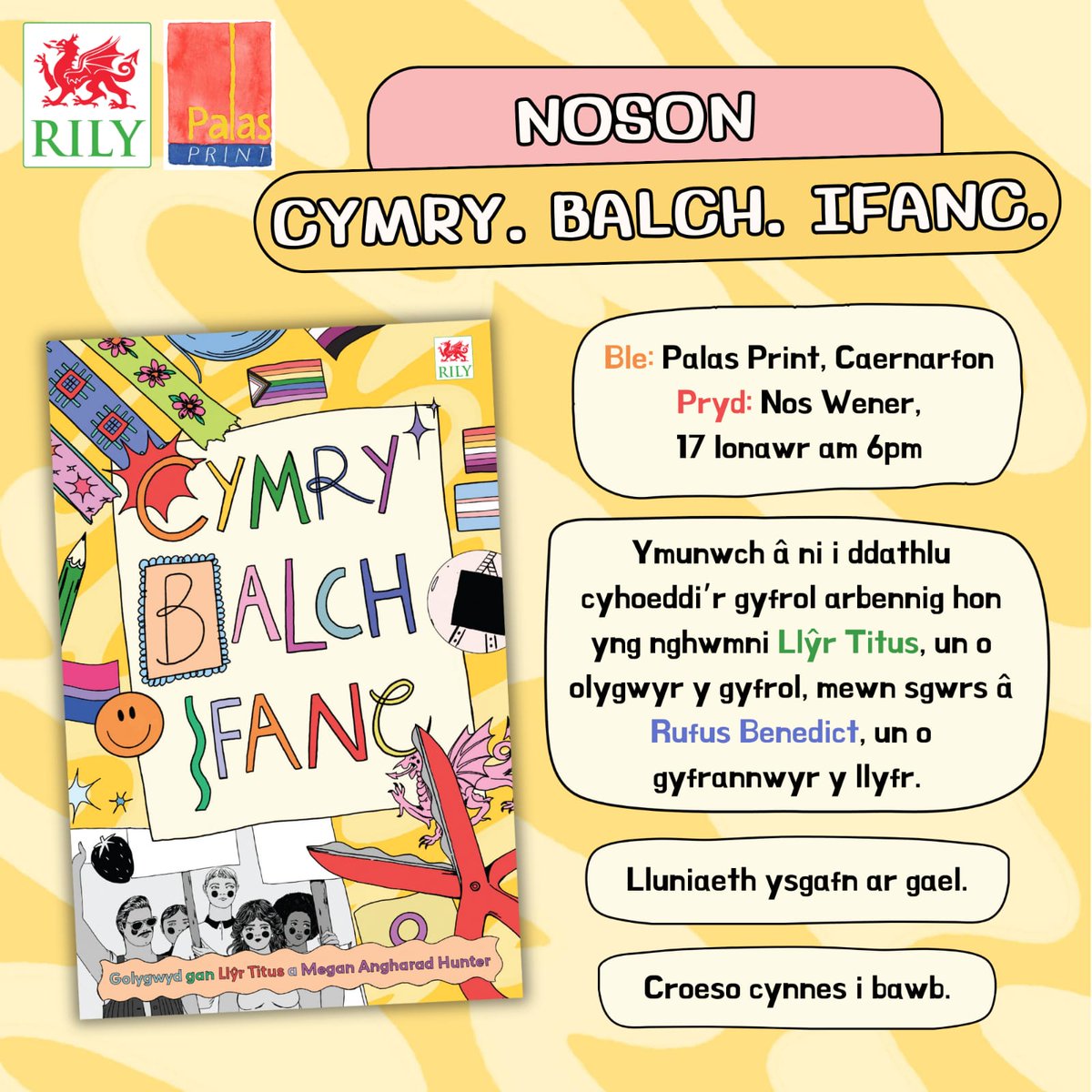 Llyfrau Lliwgar (@yllyfraulliwgar) on Twitter photo Edrych mlaen at lansiad y gyfrol arbennig yma a olygwyd gan ddau o aelodau hyfryd Llyfrau Lliwgar - <a href="/megan__angharad/">Megan Angharad Hunter</a> a <a href="/LlyrTitus/">Llŷr Titus</a> <a href="/GwasgRilyBooks/">Gwasg Rily Publications</a>!
Ewch yn llu i <a href="/PalasPrint/">Palas Print</a> nos Wener, 17 Ionawr, am 6pm! Rhannwch y sôn! A dathlwn gyda balchder! 🏳️🌈🏳️⚧️🎉🎊📚 Edrych mlaen at lansiad y gyfrol arbennig yma a olygwyd gan ddau o aelodau hyfryd Llyfrau Lliwgar - <a href="/megan__angharad/">Megan Angharad Hunter</a> a <a href="/LlyrTitus/">Llŷr Titus</a> <a href="/GwasgRilyBooks/">Gwasg Rily Publications</a>!
Ewch yn llu i <a href="/PalasPrint/">Palas Print</a> nos Wener, 17 Ionawr, am 6pm! Rhannwch y sôn! A dathlwn gyda balchder! 🏳️🌈🏳️⚧️🎉🎊📚
