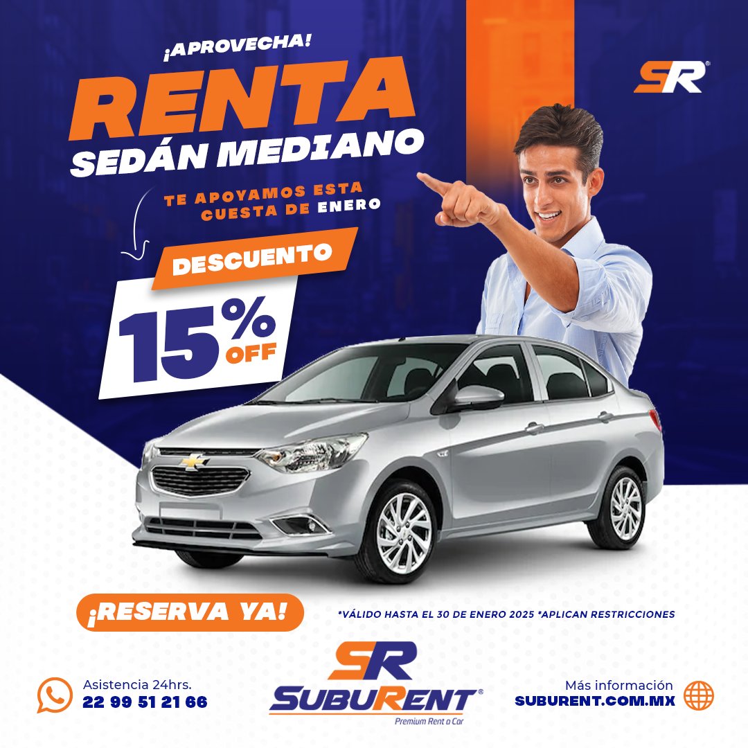 SUBURent's tweet photo. ¡En #SubuRent estamos contigo en la cuesta de #enero! Aprovecha nuestra promo especial: 15% de descuento en la renta de sedanes medianos. ¡Es el momento perfecto para ahorrar y seguir avanzando! 🚘✔️#ViajaConSubuRent #PromociónDeEnero #RentaDeAutos https://t.co/8n8hvXpmw2
