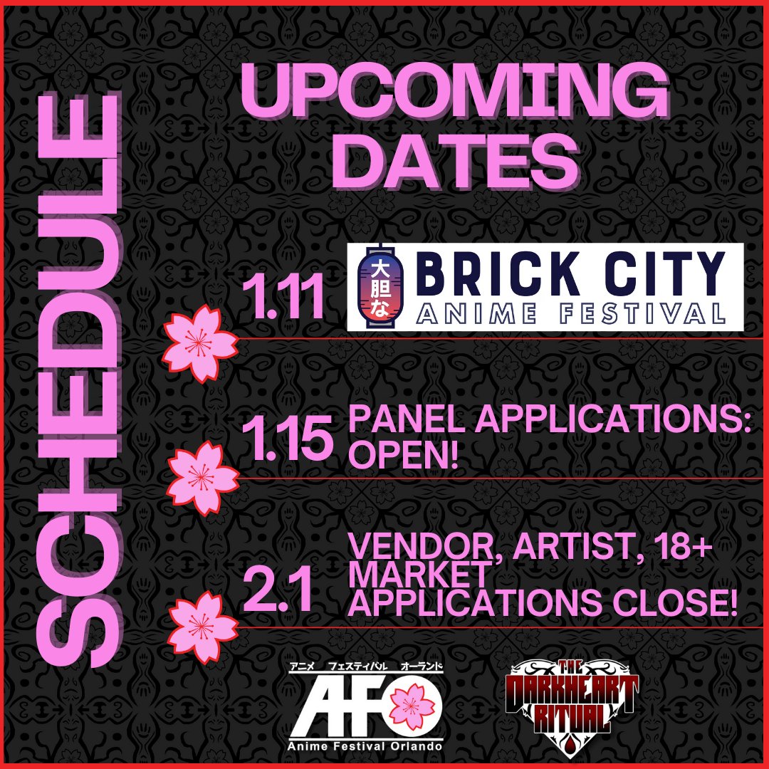 Happy Friday! Here's our Upcoming Schedule f

- Tomorrow: Brick City Anime Festival! Come by and say hello!

- Next Wednesday : Panel Applications open! Got a great idea for a panel? Submit it! 

- Reminder: Vendor, Artist, and 18+ Market applications close February 1st!