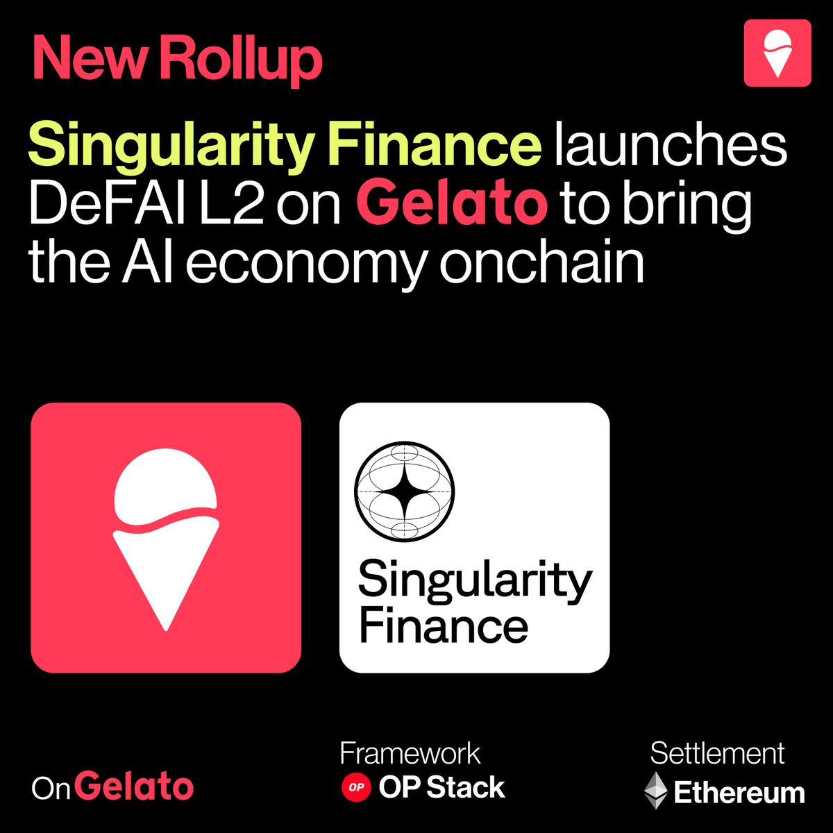 gelatonetwork's tweet photo. First DeFAI rollup lands on Gelato!

@Singularity_Fi takes DeFAI to the next level with a 3-month incentivized testnet period ahead of their mainnet launch!

Bringing the AI economy onchain by tokenizing AI compute &amp; monetizing Agents. https://t.co/wfLtPj7tBq