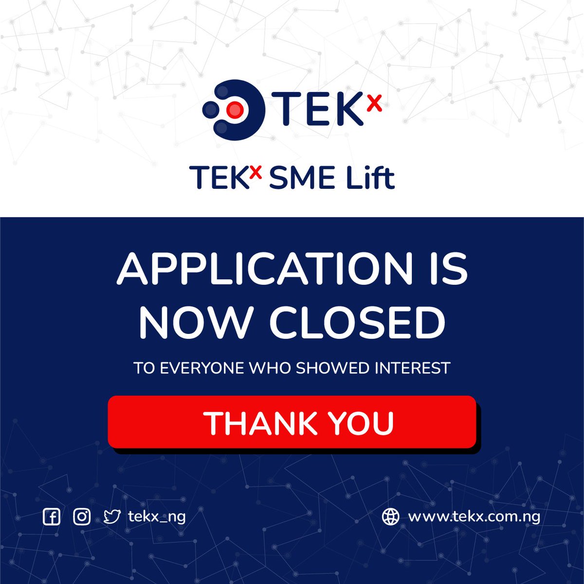 🚨 Applications Are Now Closed! 🚨

Thank you to everyone who applied for the Tekx SME Lift program. 🙌 We are overwhelmed by the incredible response and the enthusiasm shown by SMEs eager to elevate their businesses. #TekxSMELift