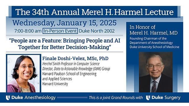 Duke Anesthesiology (@duke_anesthesia) on Twitter photo 📣We're proud to host the upcoming 34th Annual Merel H. Harmel Lecture in honor of the founding chairman of Duke #Anesthesiology - a joint GR with <a href="/DukeSurgery/">Duke Surgery</a>. Departmental members: SAVE the DATE for next Wednesday's in-person lecture, featuring Harvard's Dr. Finale Doshi-Velez. 📣We're proud to host the upcoming 34th Annual Merel H. Harmel Lecture in honor of the founding chairman of Duke #Anesthesiology - a joint GR with <a href="/DukeSurgery/">Duke Surgery</a>. Departmental members: SAVE the DATE for next Wednesday's in-person lecture, featuring Harvard's Dr. Finale Doshi-Velez.