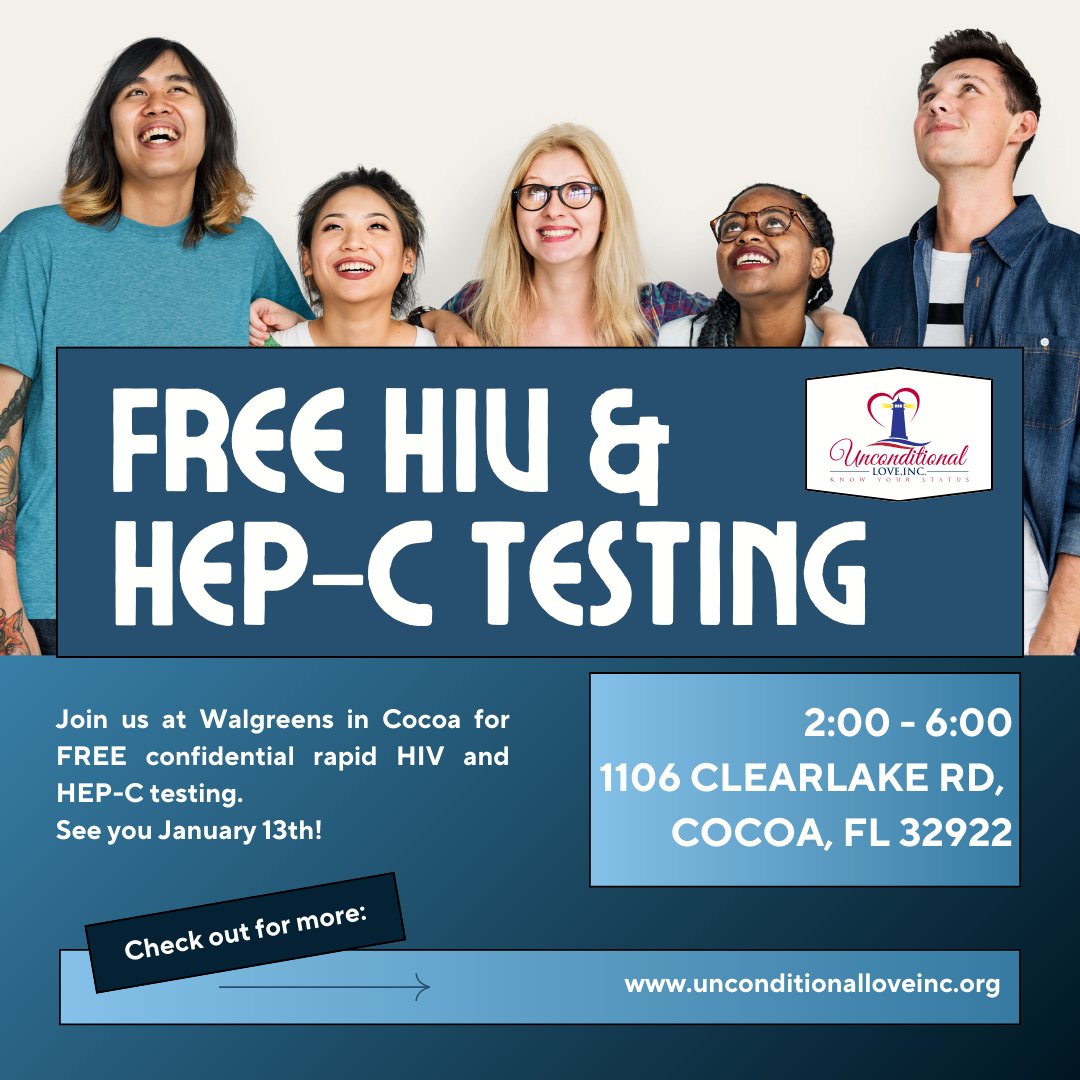 Uncondi81938022's tweet image. Our FREE rapid testing event is today!

When: January 13th
Time: 2:00 PM - 6:00 PM
Where: 1106 Clearlake Rd, Cocoa, FL 32922

Knowing your status is a powerful step in protecting your health and the health of others. 

#FreeTesting #HIVTesting #HepCTesting #unconditionalloveinc