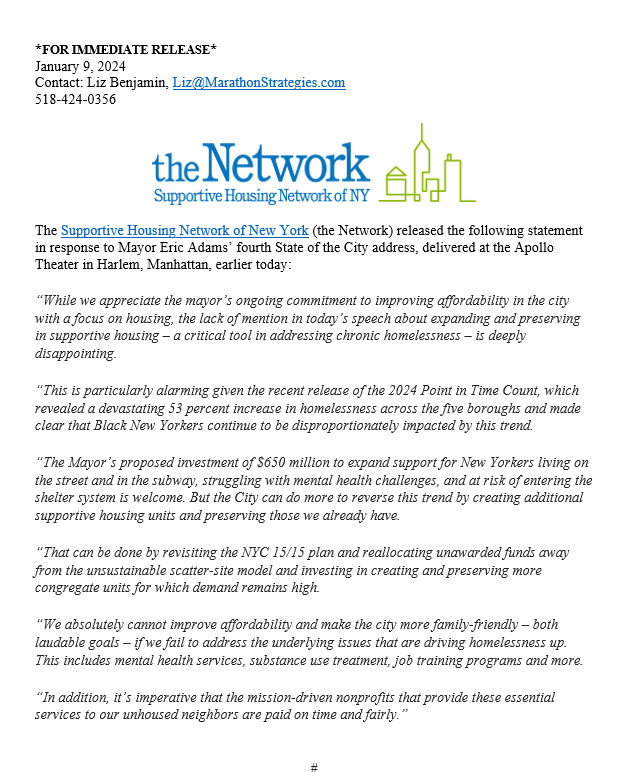 The Supportive Housing Network of NY (@thenetworkny) on Twitter photo The Network released the following statement in response to today's <a href="/NYCMayor/">Mayor Eric Adams</a> State of the City address: The Network released the following statement in response to today's <a href="/NYCMayor/">Mayor Eric Adams</a> State of the City address: