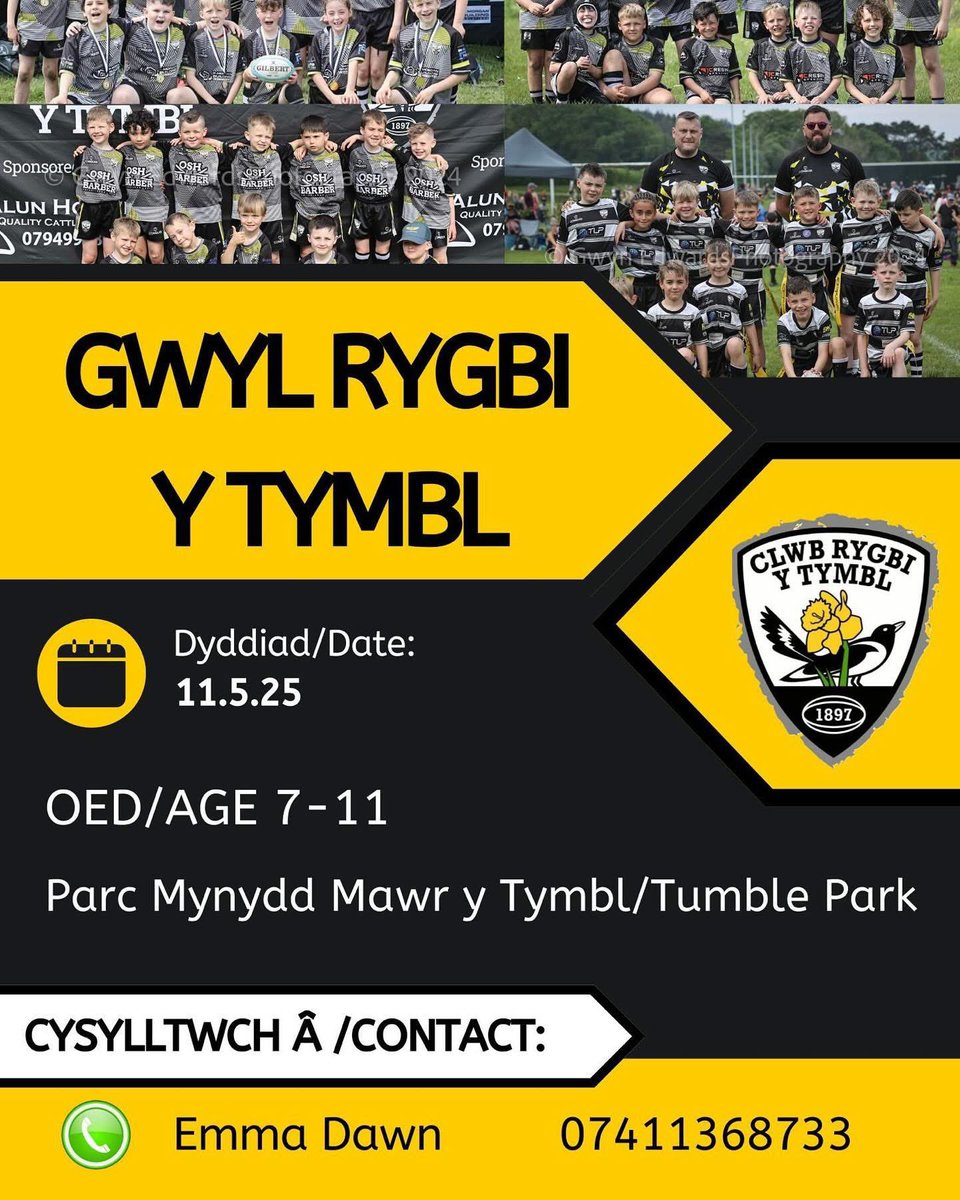 ***Tumble Minis RFC Festival 2025***

Join us for an exciting day of rugby and fun! 

Open to age groups: U7s, U8s, U9s, U10s, and U11s.

For more information, contact Emma Dawn on 07411 368733.

Please share with all clubs!

⚫⚪🏉👍🏻 #YmlaenYPiod #Piodbach