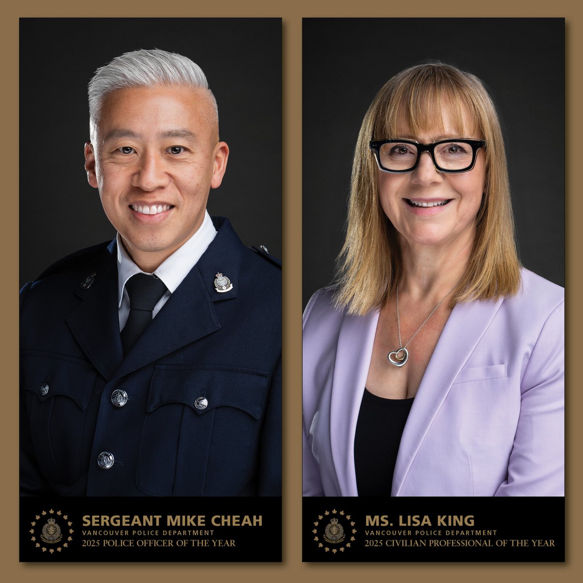 AdamPalmerRCMP's tweet photo. Huge congratulations to our 2025 #VPD 'Police Officer of the Year' - Sgt. Mike Cheah & our 'Civilian Professional of the Year' - Ms. Lisa King for your #leadership & #OutstandingService to the community & @VancouverPD! #VancouversFinest https://t.co/TWPcly3S2t
