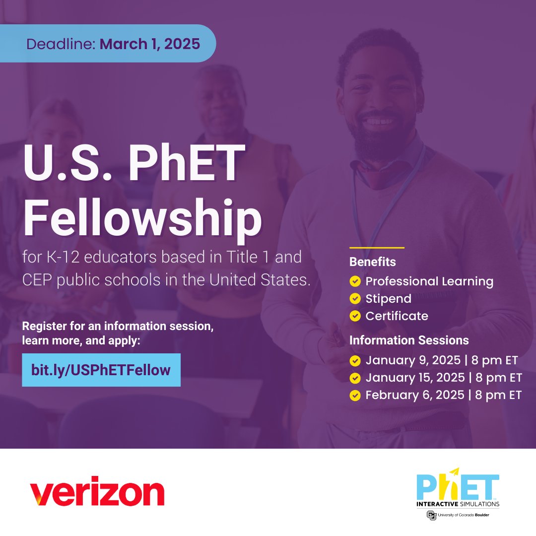Join the U.S. #PhETFellowship info session TONIGHT at 8 PM Eastern Time to discover how you can become a PhET Fellow. We'll share all the program details, including benefits, requirements, and application process.👉 Register now: bit.ly/USPhETFellow
See you there! 👋
