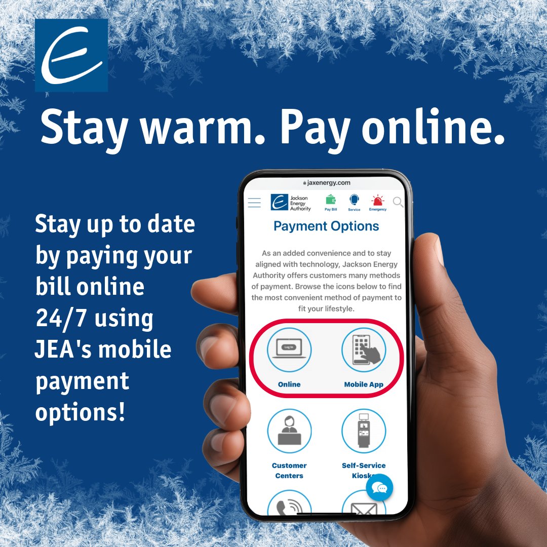 Avoid dangerous road conditions and pay online or by phone.
As an added convenience and to stay aligned with technology, Jackson Energy Authority offers customers many methods of payment.
Browse payment options at jaxenergy.com/support/bills-…
#jaxenergy #jaxenergytips #staysafe