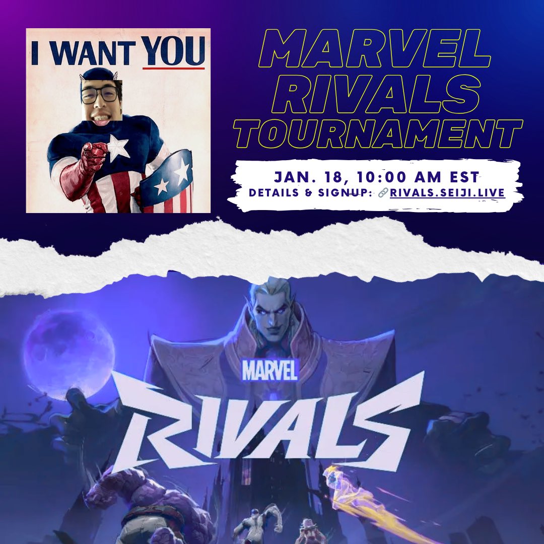 Calling all Marvel Rivals addicts! 📣📣📣

FREE, OPEN entry tournament with prizes!!! Keep Saturday, Jan 18 open!

🔗rivals.seiji.live