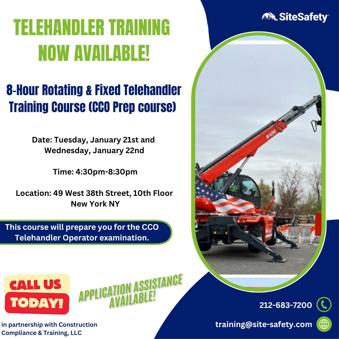 SiteSafetyLLC's tweet photo. π¨ Telehandler Training π¨
Join us for the 8-Hour Rotating & Fixed Telehandler Course (CCO Prep)
ποΈ Jan 21 & 22 | π 4:30pm-8:30pm
π 49 W 38th St, 10th Fl, NYC
#TelehandlerTraining #CCOprep #ConstructionSafety #NYC #WorkplaceSafety https://t.co/Ybcm4jbtod