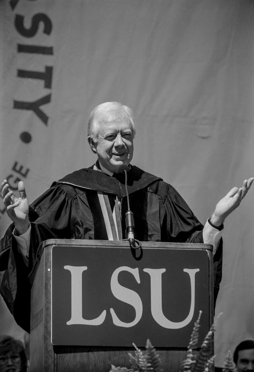 As the nation lays to rest former president Jimmy Carter, we want to share this memory of President Carter giving the 1994 graduation speech inside Tiger Stadium in which he urged LSU graduates to change the world ▶️ lsu.edu/blog/2025/01/c…