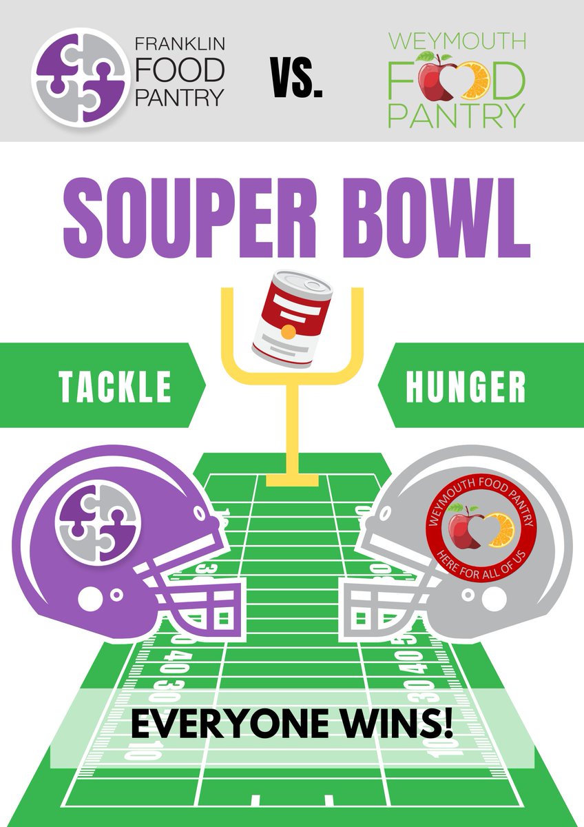 We're going head-to-head with Weymouth Food Pantry in a Souper Bowl matchup! Donate cans of soup and help crown The Pantry as Souper Bowl Champ 2025! Place donations in purple bin or send via our Amazon Wish List. Tackle hunger and everyone wins! amzn.to/3W5VtiM
