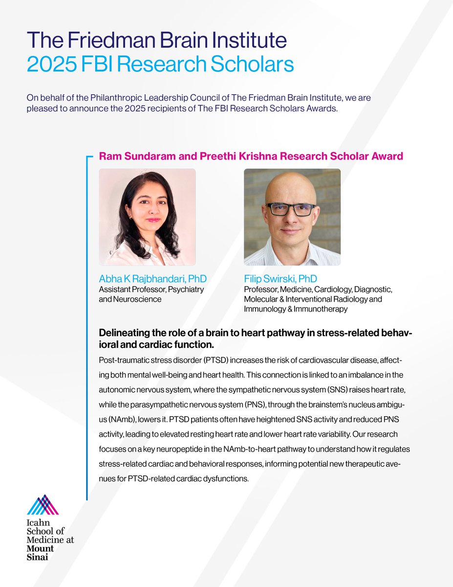 Friedman Brain Institute (@sinaibrain) on Twitter photo 🎉Congratulations <a href="/BrainBody_Lab/">Abha Karki Rajbhandari, PhD</a> & <a href="/SwirskiLab/">Fil Swirski & Scientists</a> on receiving the 2025 Ram Sundaram & Preethi Krishna Research Scholar Award for "Delineating the role of a brain to heart pathway in stress-related behavioral & cardiac function"! Learn more about #FBIScholars icahn.mssm.edu/research/fried… 🎉Congratulations <a href="/BrainBody_Lab/">Abha Karki Rajbhandari, PhD</a> & <a href="/SwirskiLab/">Fil Swirski & Scientists</a> on receiving the 2025 Ram Sundaram & Preethi Krishna Research Scholar Award for "Delineating the role of a brain to heart pathway in stress-related behavioral & cardiac function"! Learn more about #FBIScholars icahn.mssm.edu/research/fried…