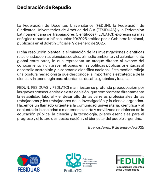 😮Repudio a la Resolución 10/2025, publicada en el Boletín Oficial de hoy, que plantea la eliminación de las investigaciones científicas relacionadas con las ciencias sociales, el ambiente y el calentamiento global entre otras👇