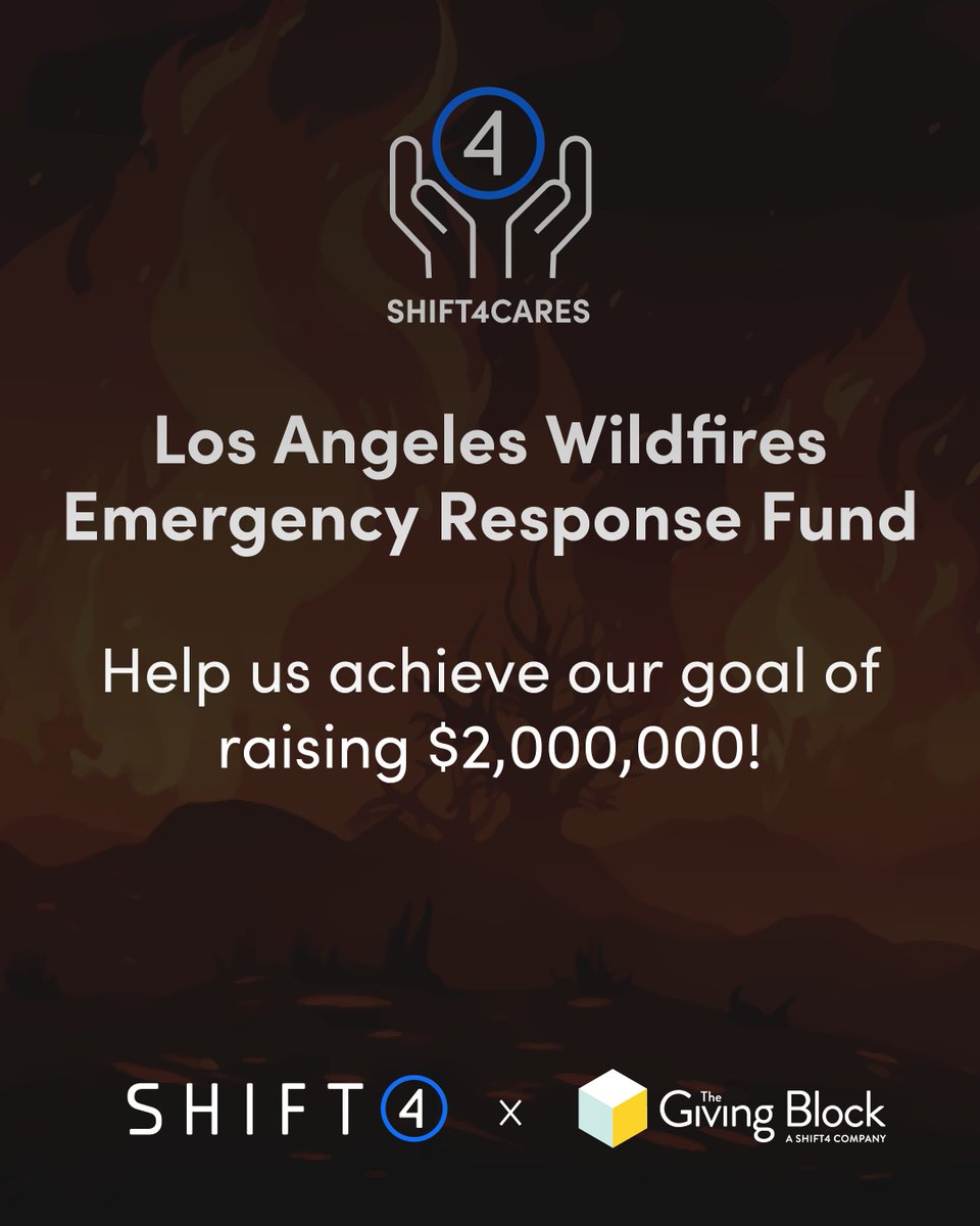 Wildfires in Los Angeles have caused widespread devastation, impacting countless lives and communities.

We're stepping up to raise $2M for relief efforts with <a href="/TheGivingBlock/">The Giving Block</a>, with Shift4 CEO <a href="/rookisaacman/">Jared Isaacman</a> generously matching the first $1M.

Donate today: thegivingblock.com/campaigns/la-w…