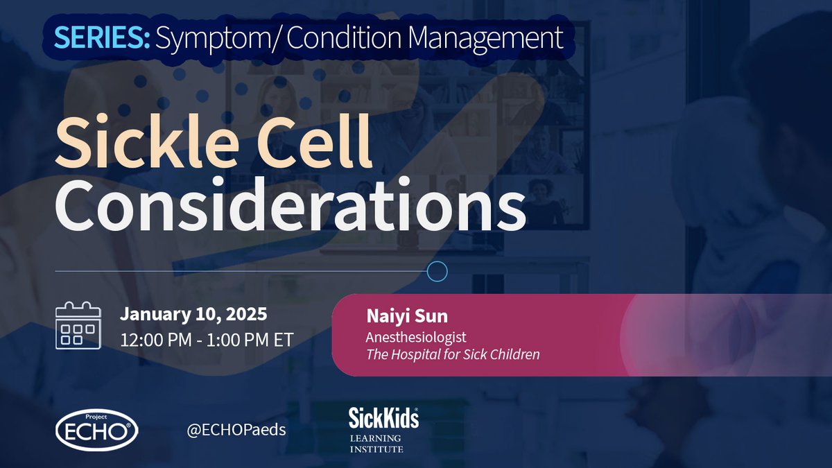 Paediatric Project ECHO (@echopaeds) on Twitter photo Join the <a href="/ECHOPaeds/">Paediatric Project ECHO</a> community of practice for a great talk by Dr.<a href="/SunNaiyi/">Naiyi Sun</a>, Anesthesiologist <a href="/SickKidsNews/">The Hospital for Sick Children (SickKids)</a>.
We're launching our new "Symptom/Condition Management" in #PedsPain series with Dr. Sun's discussion on "Sickle Cell Considerations".
🗓️Jan. 10 | 12-1pm
REGISTER⤵️ Join the <a href="/ECHOPaeds/">Paediatric Project ECHO</a> community of practice for a great talk by Dr.<a href="/SunNaiyi/">Naiyi Sun</a>, Anesthesiologist <a href="/SickKidsNews/">The Hospital for Sick Children (SickKids)</a>.
We're launching our new "Symptom/Condition Management" in #PedsPain series with Dr. Sun's discussion on "Sickle Cell Considerations".
🗓️Jan. 10 | 12-1pm
REGISTER⤵️