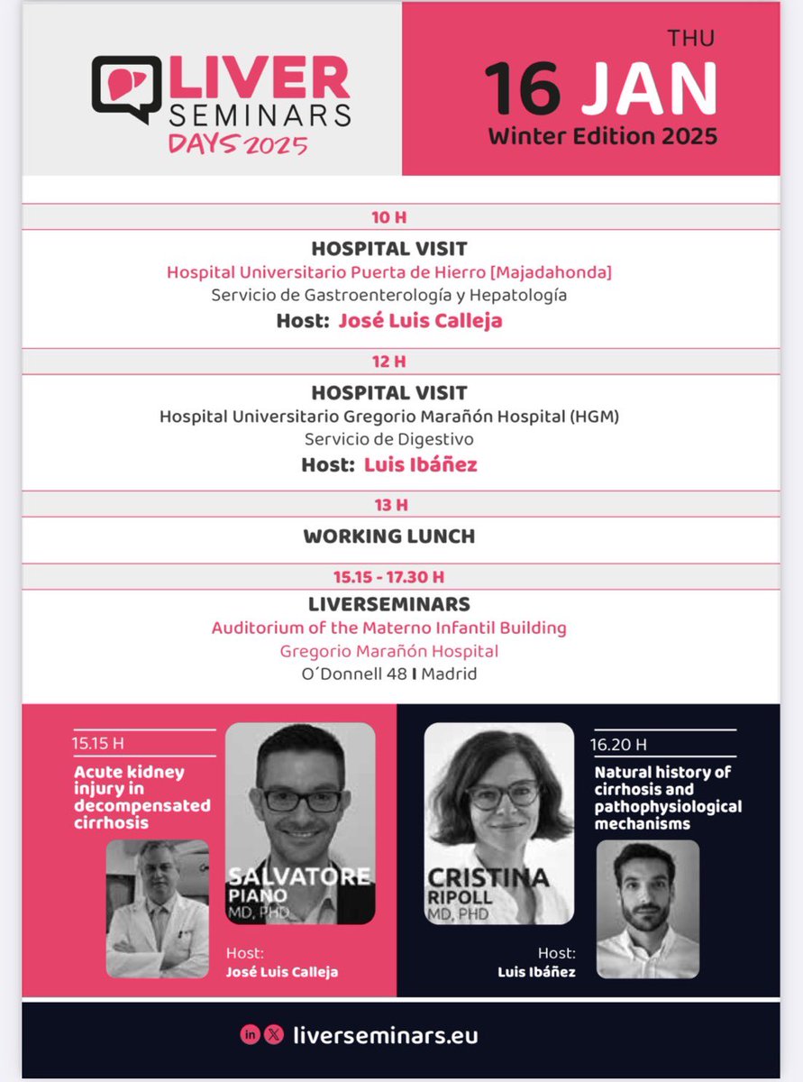 Liver Seminars (@liverseminars) on Twitter photo Hey #LiverLovers!
See you all next week in the <a href="/LiverSeminars/">Liver Seminars</a> days - 2025 winter edition, in #Madrid!
- 2 days
- 4 renowned speakers
- Hosted by 4 top scientists
- Meetings, rounds and seminars‼️
Join us at the Gregorio Marañon Hospital or online!
ℹ️ All info in our website Hey #LiverLovers!
See you all next week in the <a href="/LiverSeminars/">Liver Seminars</a> days - 2025 winter edition, in #Madrid!
- 2 days
- 4 renowned speakers
- Hosted by 4 top scientists
- Meetings, rounds and seminars‼️
Join us at the Gregorio Marañon Hospital or online!
ℹ️ All info in our website