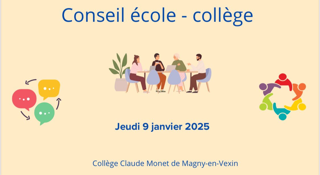 1ère rencontre de l’année entre les équipes  : 👍

📊 Retour sur les évaluations Nationales
 🗣️ Echanges sur les projets inter-degrés 
📝 Retour sur l’enquête NAH niveau 6e 
🏫 Point sur l’intégration des 6e 
🤝 Point sur la confiance et la sérénité  des familles de 6e