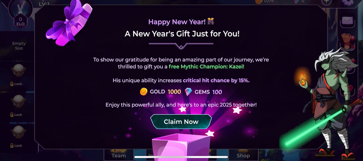 Have you claimed your New Years Gift yet🎁

Be sure to log-in within the next 14 days to receive the following 👇

- 1000 Gold 🏅
- 100 Gems 💎
- Mythical Champion Kazei!

Happy New Years!
