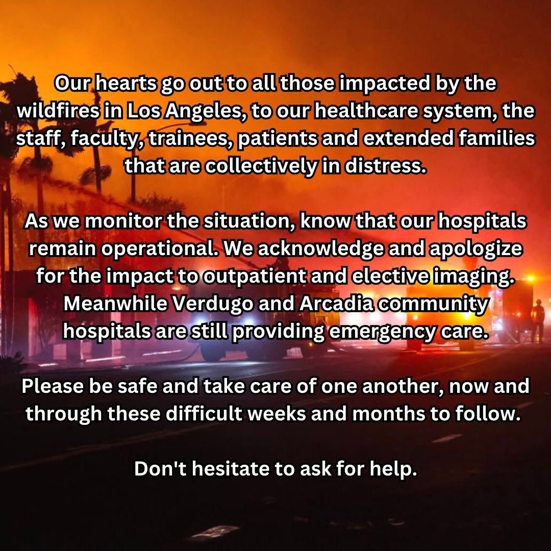 Radiology of USC (@radiologyusc) on Twitter photo Our hearts go out to all those impacted by the wildfires in Los Angeles, to our healthcare system, the staff, faculty, trainees, patients and extended families that are collectively in distress.
1/3 Our hearts go out to all those impacted by the wildfires in Los Angeles, to our healthcare system, the staff, faculty, trainees, patients and extended families that are collectively in distress.
1/3