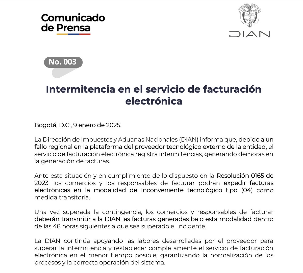 simbasoftware's tweet image. Informamos que la DIAN acaba de generar comunicado sobre las intermitencias que se han presentado el día de hoy en la transmisión de documentos electrónicos.  
#FacturaciónElectrónica #DIAN #simbasoftware #stoneerp