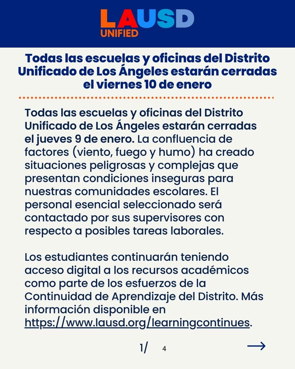 WMSsteamMagnet's tweet photo. All Los Angeles Unified Schools and Offices Closed on Friday, Jan. 10 / Todas las escuelas y oficinas del Distrito Escolar Unificado de Los Ángeles permanecerán cerradas el viernes 10 de enero https://t.co/b9z2ca1c5V https://t.co/U7WekUFzck