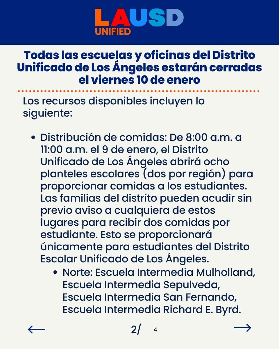 WMSsteamMagnet's tweet photo. All Los Angeles Unified Schools and Offices Closed on Friday, Jan. 10 / Todas las escuelas y oficinas del Distrito Escolar Unificado de Los Ángeles permanecerán cerradas el viernes 10 de enero https://t.co/b9z2ca1c5V https://t.co/U7WekUFzck