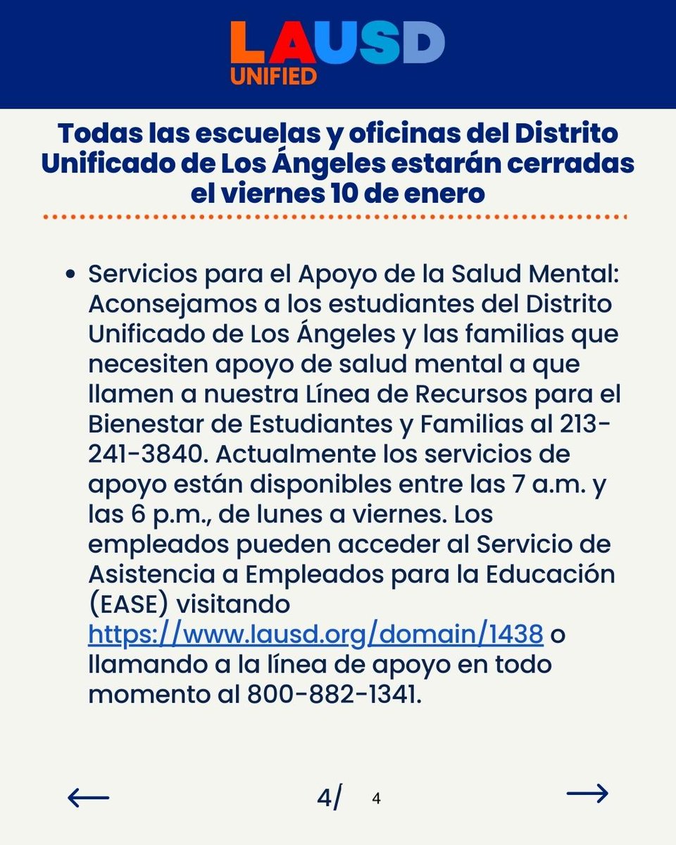 WMSsteamMagnet's tweet photo. All Los Angeles Unified Schools and Offices Closed on Friday, Jan. 10 / Todas las escuelas y oficinas del Distrito Escolar Unificado de Los Ángeles permanecerán cerradas el viernes 10 de enero https://t.co/b9z2ca1c5V https://t.co/U7WekUFzck