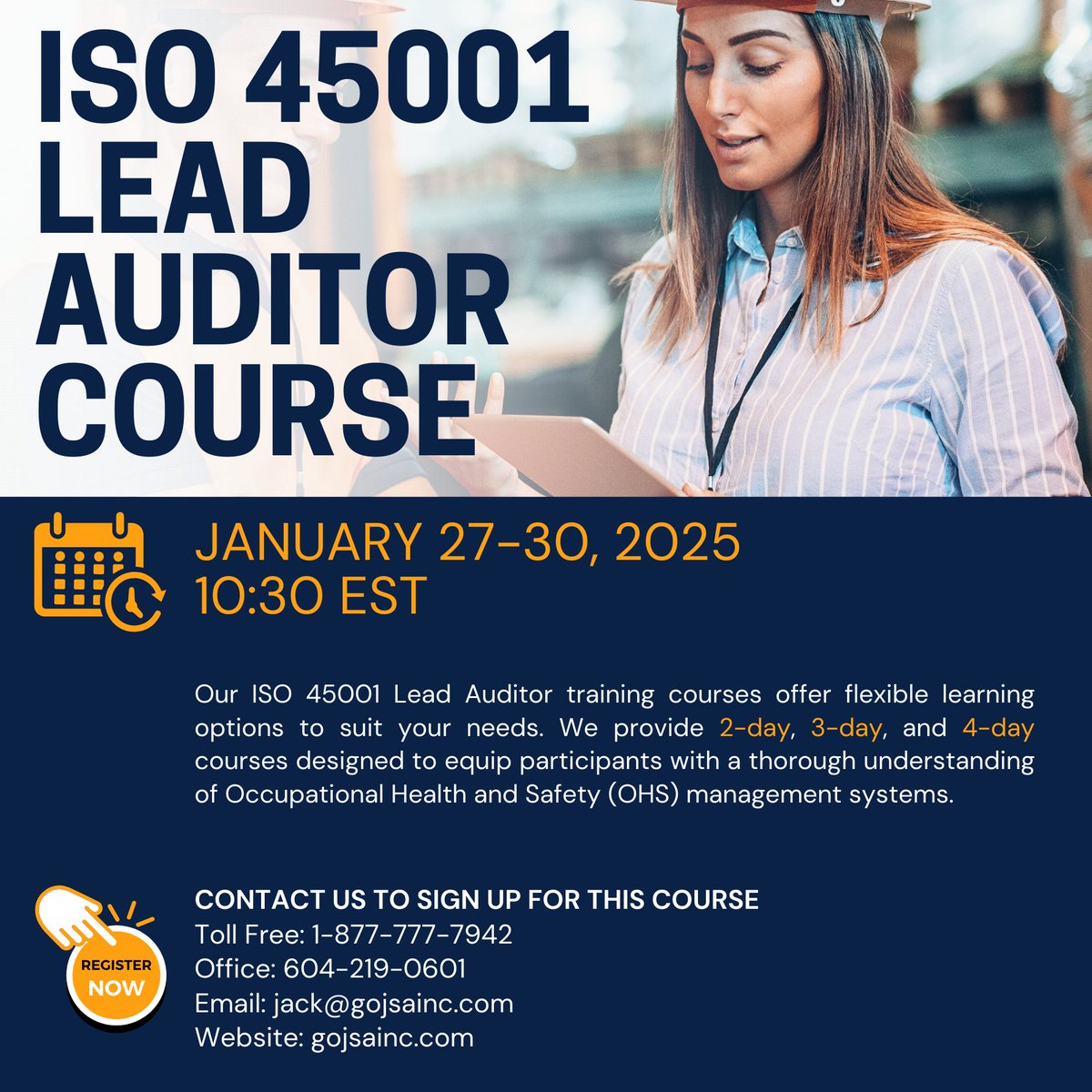gojsainc's tweet image. Become a certified ISO 45001 Lead Auditor and master the skills needed to assess and improve Occupational Health and Safety Management Systems! 

Unlock new opportunities, boost your expertise, and contribute to safer workplaces!