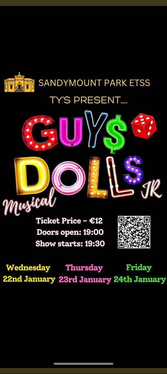 It's that time of year again folks! Our fourth TY musical <a href="/Sandym0untPark/">Sandymount Park Educate Together Secondary School</a> will be Guys and Dolls! Coming to the stage in less than two weeks, Jan 22nd-24th. The students have been working really hard on this really fun show these past few months! Get your tickets now! 🎭🎶💃