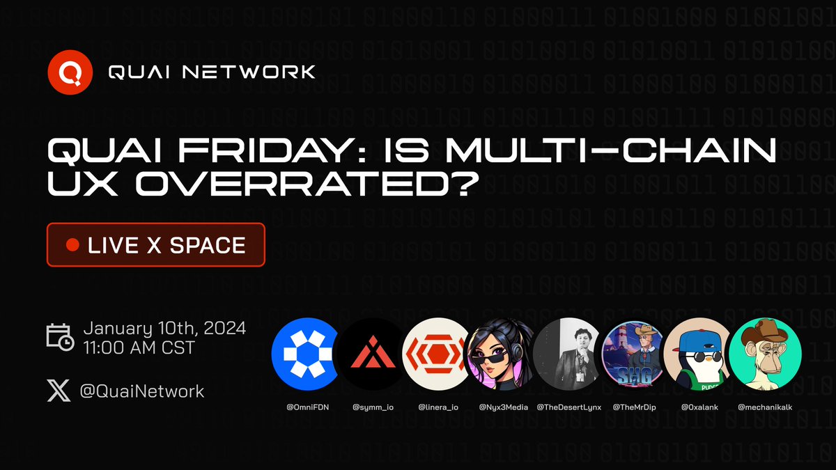 🎙️ Quai Friday: Is Multi-Chain UX Overrated?

Join us for a heated debate on the state of cross-chain user experience with an incredible lineup!

What are your thoughts, do users really care about the chain, or do they prioritize simplicity? 👇

📅 January 10th, 2024
🕐 11:00 AM