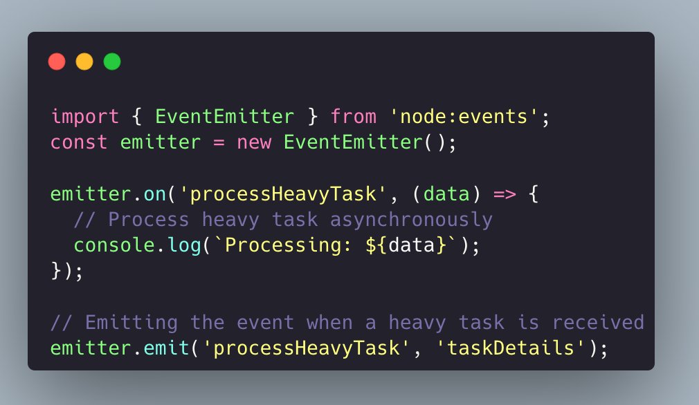 NodeSource's tweet image. 🔥 Have you ever used EventEmitter? It can boost your Node.js app's speed! Handle heavy tasks and reduce server response time without breaking a sweat. Ideal for slow API calls. 🙌
How do you optimize response time? 🤔 #NodeJsPerformance #EventEmitter