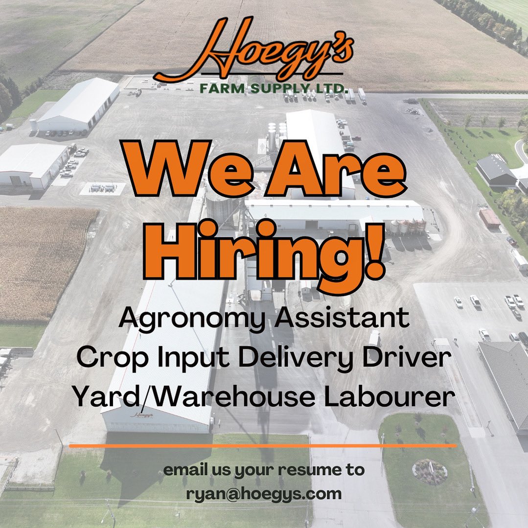 We’re hiring for the following seasonal positions: 🌽 

Agronomy Assistant
Crop Input Delivery Drivers
Yard/Warehouse Labourer

Learn more @ hoegys.com/careers/