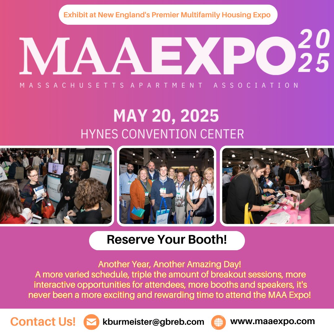 Join MAA at New England's Premier Multifamily Housing Expo on May 20, 2025. Booths are now on sale!

maaexpo.com/exhibit.html to reserve your booth!