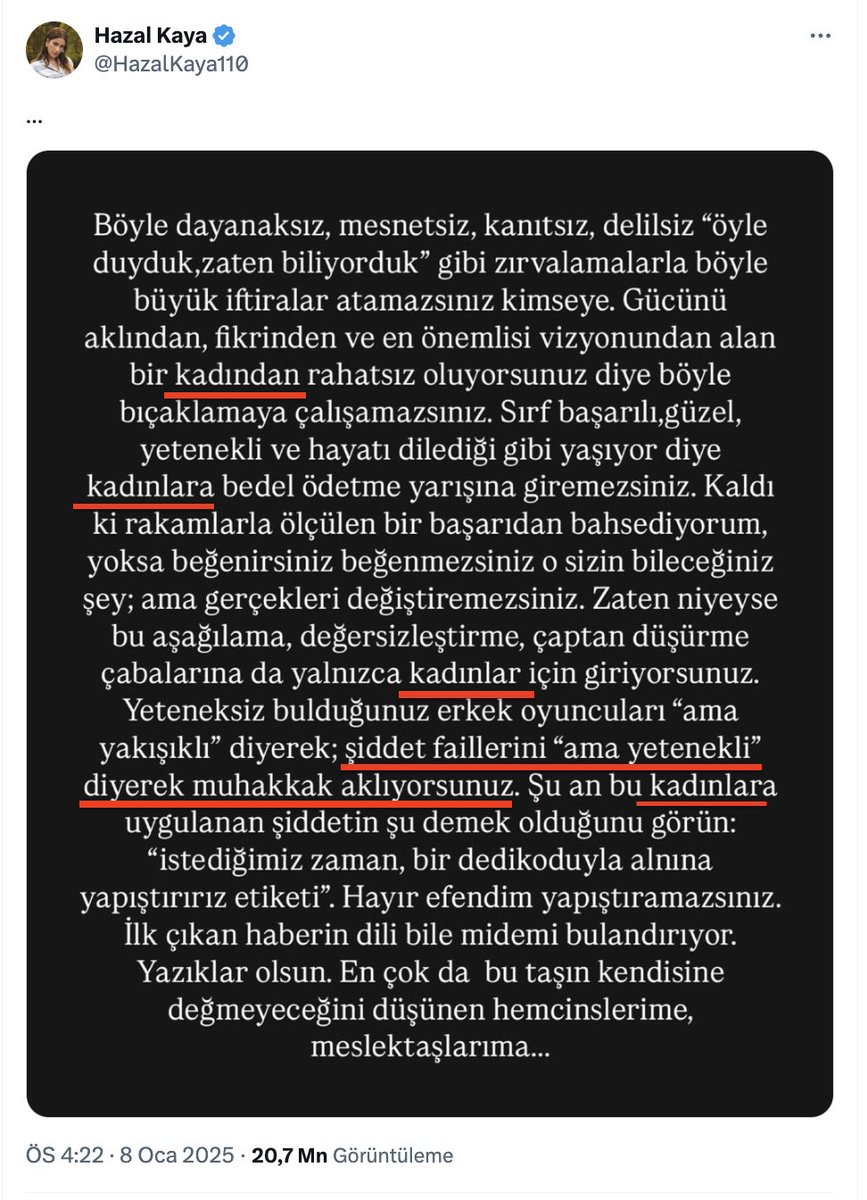 1-) Ayşe Barım'ın oyuncularından Hazal Kaya, sektörde tekel kuran bu hanımefendiye kadın olduğu için saldırıldığını iddia etmiş. Bildiğiniz gibi Hazal Kaya, kadın hakları ve kadına şiddet konularında çok hassastır. Tabi sadece kendisine para kazandıran kadınların hakları