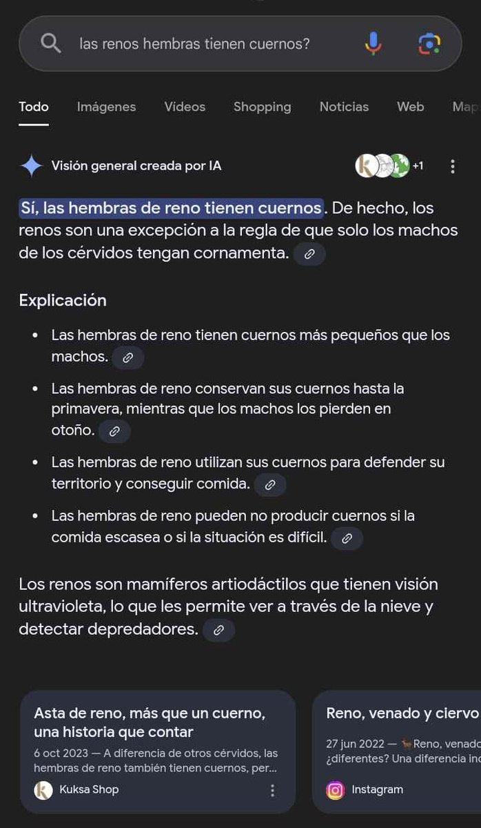 Naza_bumblebee's tweet photo. @BiologiaDesde0 hola, soy fan de tu contenido y me encantan tus videos y mientras hablaba con unos amigos salió la pregunta si los renos hembras tiene cuernos, a un amigo le salió que si en la IA de google y a mí en mi búsqueda salió que no, queríamos preguntarte cuál tenía razón https://t.co/rZ0kVBtngo