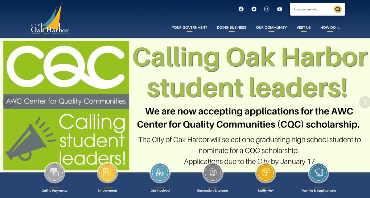 A big shout-out to Oak Harbor for this fantastic promotion of the AWC Center for Quality Communities scholarship!

See our CQC scholarship website for more information, including important deadlines and tips for student outreach: wacities.org/cqc-home/schol… #CQCscholarships