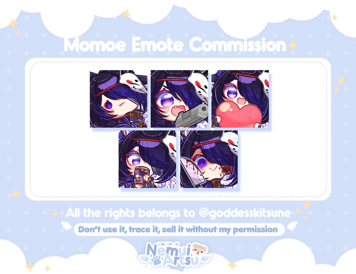 CUSTOM EMOTES GIVEAWAY 🔥

This giveaway is for 10 emotes of your choice. Thank you for all of the support! I want to give back.

Rules:
• Follow me and <a href="/NemuiArtsu/">Momoe 🌐 Vgen Puppy Artist! (LIMITED SLOTS)</a> 
• Retweet no QRT
• Tell me about yourself
• Comment your reference or DM me if it’s a secret

I will be going