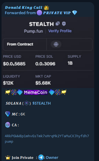 degenking99's tweet photo. 𝑺𝑶𝑳𝑨𝑵𝑨   $STEALTH

𝐂𝐀 :

4RkPGWW8p1mhvGsTmk7xHrqMk2YTaMuCKJhyfdh7pump

𝐂𝐚𝐥𝐥 6K --->> 10M

📷  𝐏𝐫𝐨𝐟𝐢𝐭    : 1666X          

tg check : https://t.co/eFWZtqt6RH 

#solana #memecoin https://t.co/cRTPDW4hHs