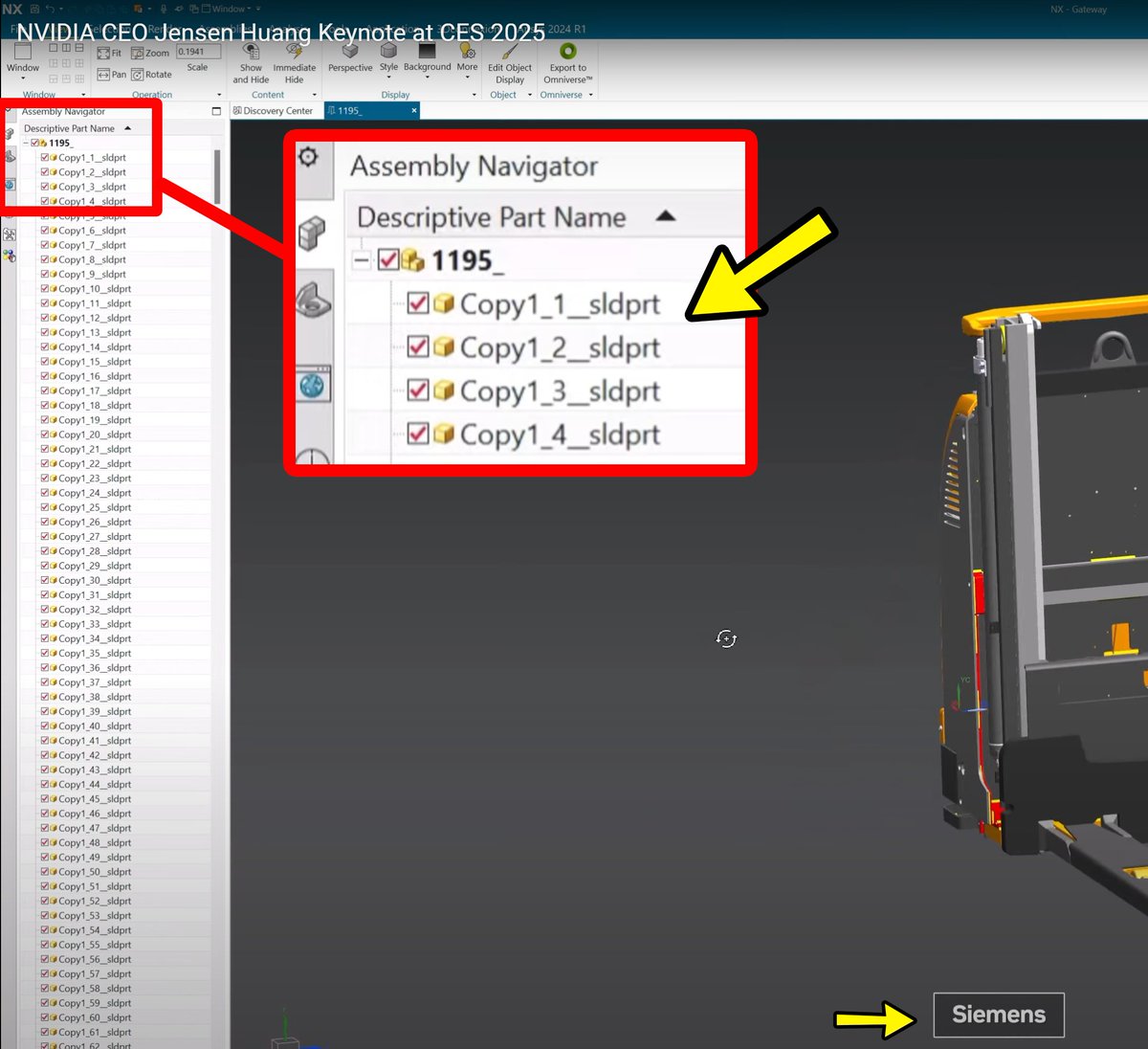 I was watching the video of Nvidia CEO Jensen Huang's presentation at #CES2025. It seems that the Siemens NX people have imported some <a href="/SOLIDWORKS/">SOLIDWORKS</a> from
<a href="/Dassault3DS/">Dassault Systèmes</a> parts to advertise them as an NX project. 
👀You can see at 1:06:08: tiny.cc/nxw4001