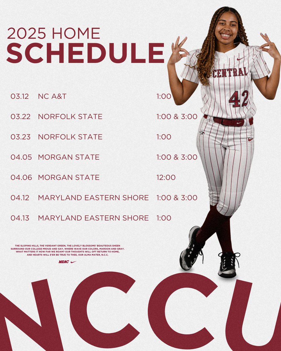 NCCU Athletics (@nccuathletics) on Twitter photo NCCU will host 10 home softball games this season! Click link to view the full schedule! nccueaglepride.com/news/2025/1/9/…
<a href="/GameDayCharlie/">ABC11Charlie Mickens</a> <a href="/HBCUGameday/">HBCU Gameday</a> <a href="/tritribune/">The Triangle Tribune</a> <a href="/TrayABC11/">Travon Miles</a> <a href="/JordanCrammer/">Jordan Crammer</a> <a href="/ToddGibsonWNCN/">Todd Gibson</a> <a href="/PatrickWelter/">Pat Welter WRAL</a> <a href="/WRALSportsFan/">WRALSportsFan</a> <a href="/LouFernandezJr/">Louis Fernandez Jr</a> #eaglepride NCCU will host 10 home softball games this season! Click link to view the full schedule! nccueaglepride.com/news/2025/1/9/…
<a href="/GameDayCharlie/">ABC11Charlie Mickens</a> <a href="/HBCUGameday/">HBCU Gameday</a> <a href="/tritribune/">The Triangle Tribune</a> <a href="/TrayABC11/">Travon Miles</a> <a href="/JordanCrammer/">Jordan Crammer</a> <a href="/ToddGibsonWNCN/">Todd Gibson</a> <a href="/PatrickWelter/">Pat Welter WRAL</a> <a href="/WRALSportsFan/">WRALSportsFan</a> <a href="/LouFernandezJr/">Louis Fernandez Jr</a> #eaglepride
