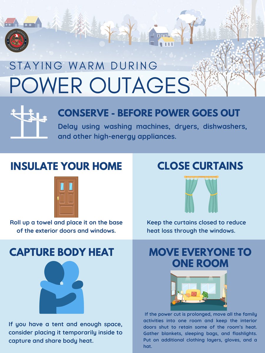MSEMA's tweet image. Winter storms can lead to power outages and it's always a good idea to conserve power before it goes out. Here are some steps you can take to help conserve power during a winter storm and stay warm if the power goes out.