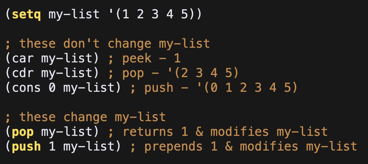 If you write a stack in C, it's a lot of work to get it immutable.

With Emacs LISP you can have your cake and eat it too: