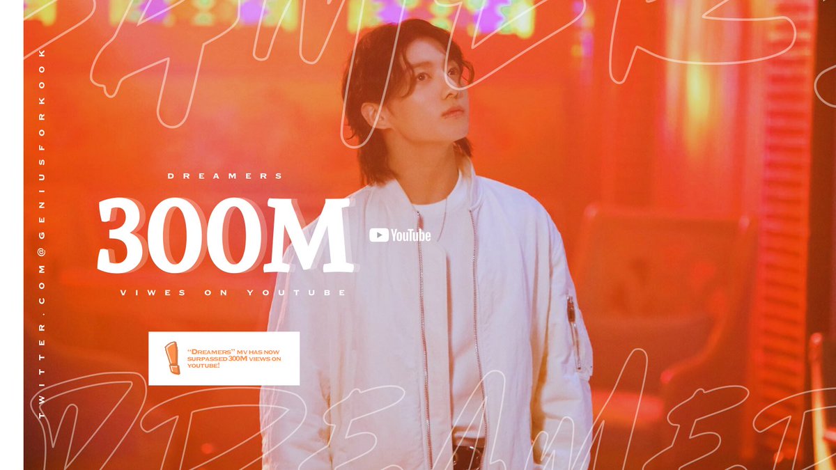 geniusforkook's tweet image. 📑| الفيديو الموسيقي لأغنية 'Dreamers' تجاوز حاجز الـ 300 مليون مشاهدة عبر اليوتيوب، ليُصبح ثالث فيديو موسيقي لجونقكوك تحقيقًا لذلك عبر المنصة.