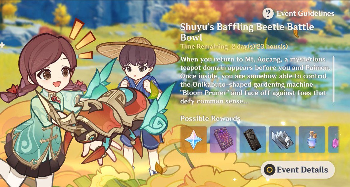 sayurolls's tweet photo. shuyu's beetle battle event will be over soon! don't have the time to beetle brawl it out? we can do it for you for $3! 🪲☀️

rts are appreciated! 

#GenshinImpact #genshintwt https://t.co/4evkQC8RX3